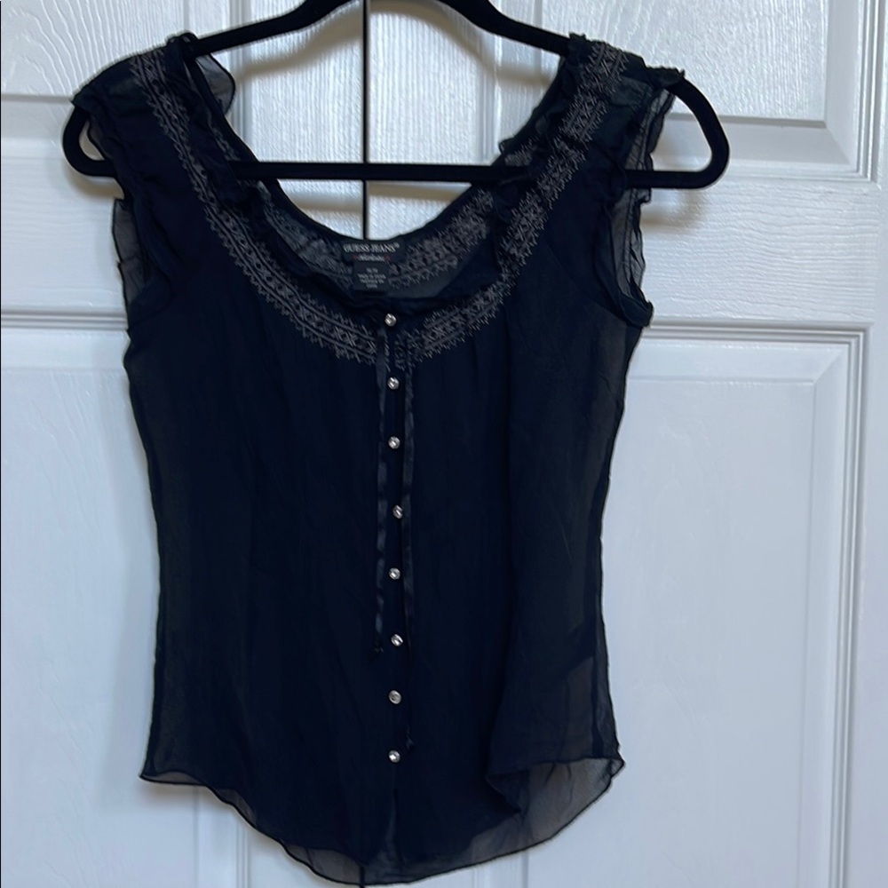 Guess Black Sheer Button-Up Blouse